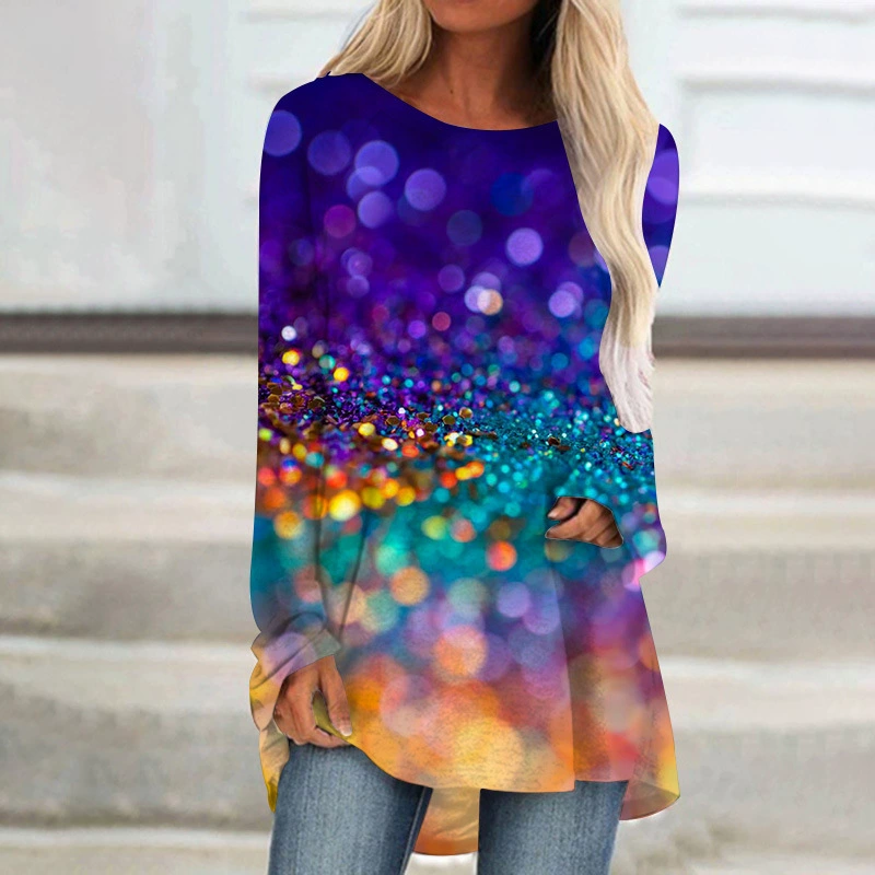 AliExpress Amazon весенне-осенний женский свитер с 3D цифровым принтом и блестящим узором с круглым вырезом и длинным рукавом свободный