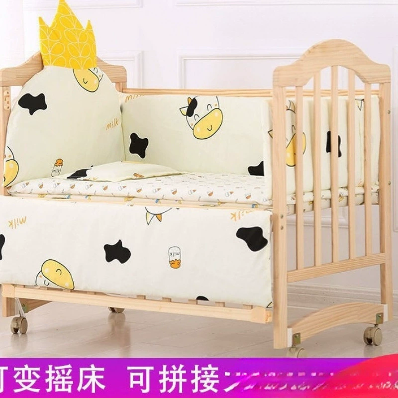 Кроватка из цельного дерева для новорожденных, экологически чистая детская кровать без краски, колыбель, съемный стол, большая кровать
