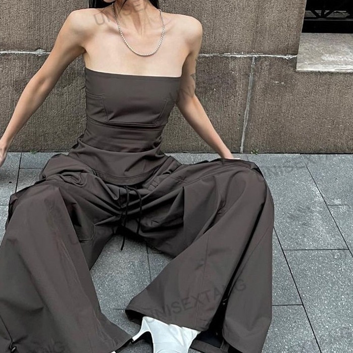 チューブトップパンツスーツ女性のための春と夏のファッション新しいグレーブラウン甘いクールホットガールデザイン作業服ツーピーストレンディセット|undefined