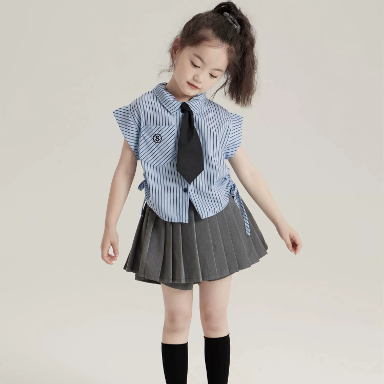 Girls' summer shirt children's American preppy style pleated skirt suit baby lapel blue striped sleeveless shirt fashion