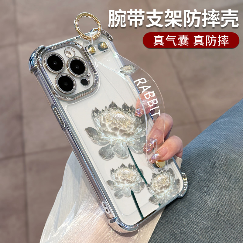 Suitable for Apple 15 Mobile Phone Case iphone14 Crystal Lotus Wristband Bracket 13 Electroplated Four Corner Airbag Anti-drop 12