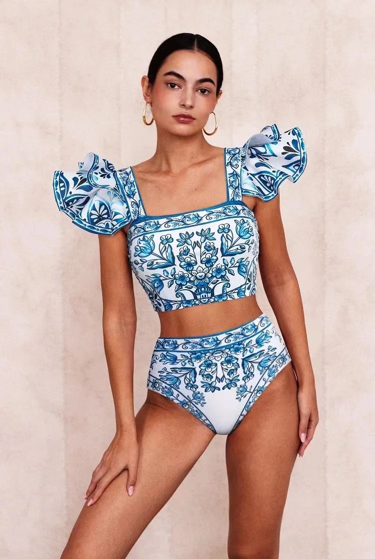 Slim Fit Type Printing Pattern Women's Elegant Sexy Printing 3 Pieces Set Bikinis Swimwear