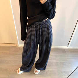 大码松紧腰格纹毛呢休闲裤直筒阔腿裤胖mm遮跨显瘦裤子女长裤