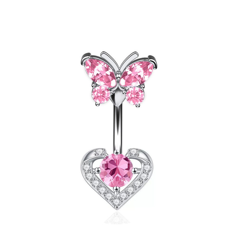 Piercing de nombril en acier inoxydable papillon et zircon rose_voghion.com