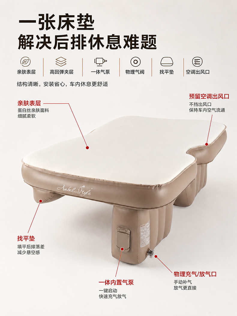 SUV rear seat leveling inflatable foam mattress, universal automatic inflating sleeping pad for outdoor camping and new energy vehicles