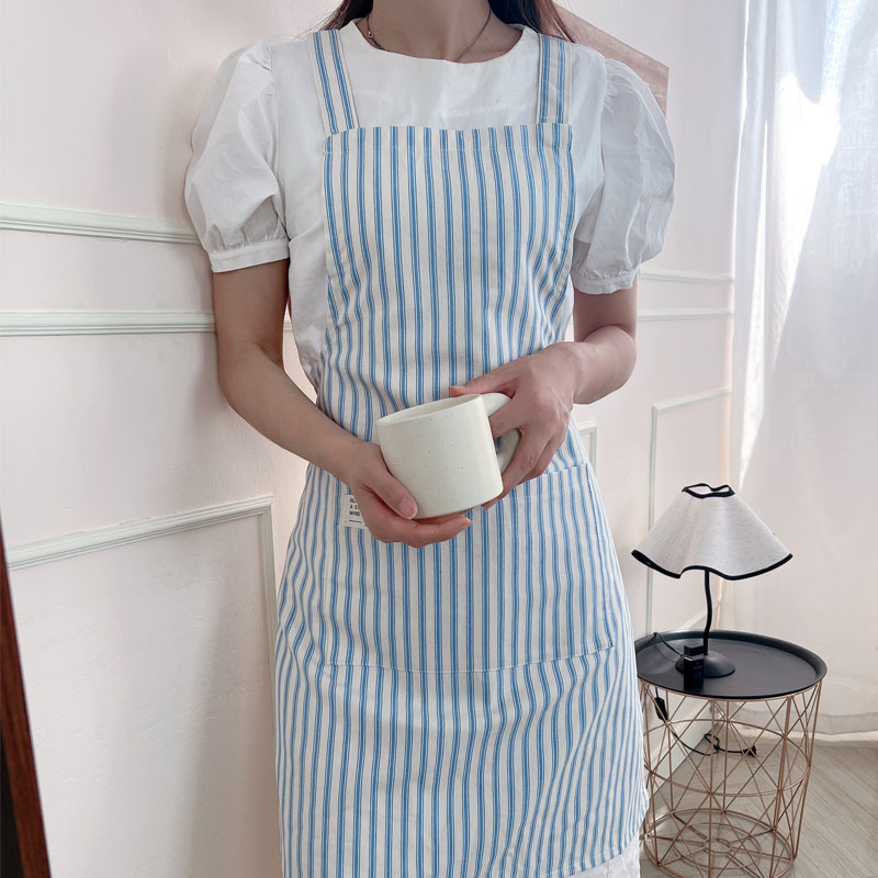 French-Style Ins Striped Pure Cotton Apron for Housework, Coffee Shop, Floral Dessert Shop, Long Strap Korean Workwear French-Style Ins Striped Pure Cotton Apron for Housework, Coffee Shop, Floral Dessert Shop, Long Strap Korean Workwear