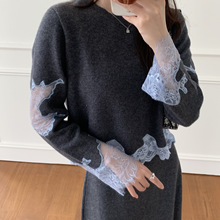 0H3110，女士秋冬设计师款蕾丝拼接羊毛针织衫羊毛蕾丝半裙两件套