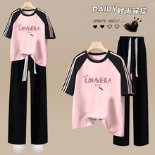 跨境外贸电商时尚运动套装少女学生时尚纯棉短袖t恤阔腿裤两件套