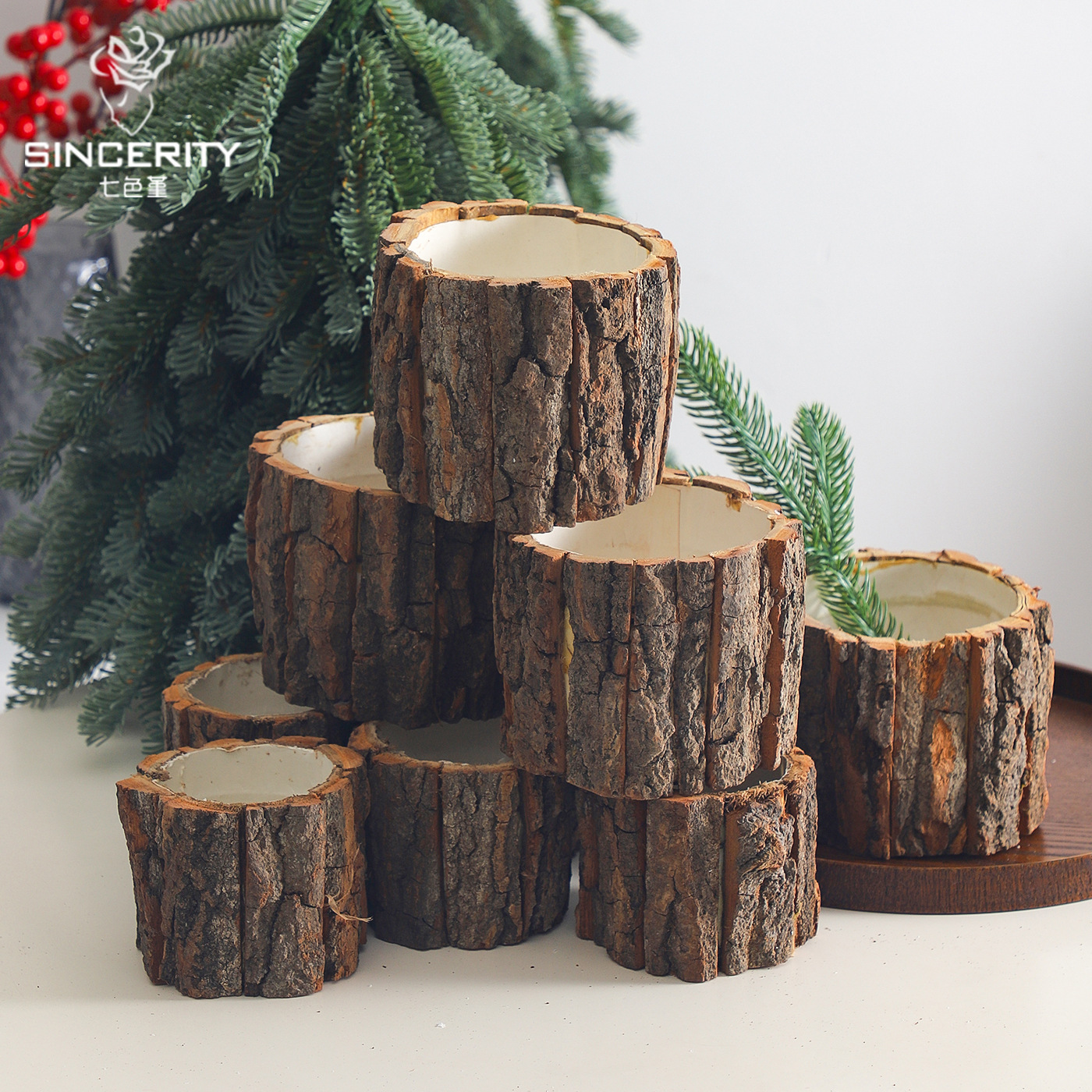 Decoración de Navidad corteza de madera barril de regalo embalaje de madera barril de regalo embalaje de decoración barril de flores