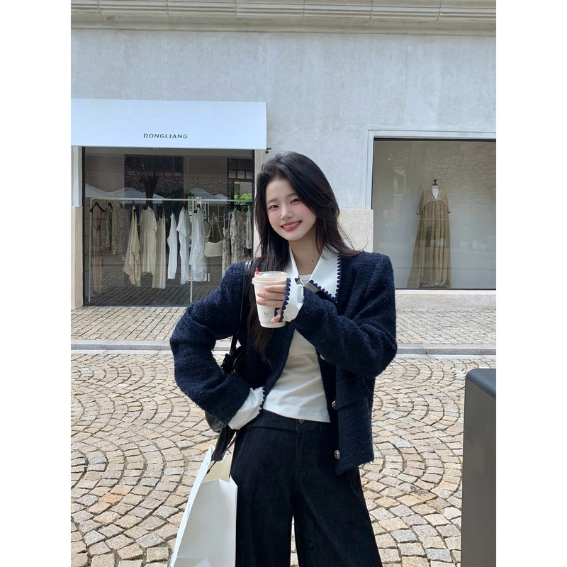 小仙倪子小香风外套女秋季超好看假两件撞色毛呢高级爆款毛呢上衣|undefined