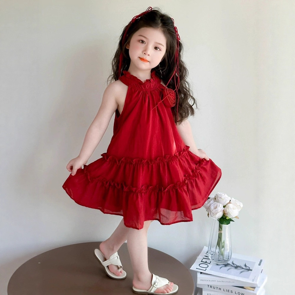 Girls' Cross-Border Foreign Trade Exclusive Dress Popular Christmas Red Princess Dress Summer Halter Dress Fashion