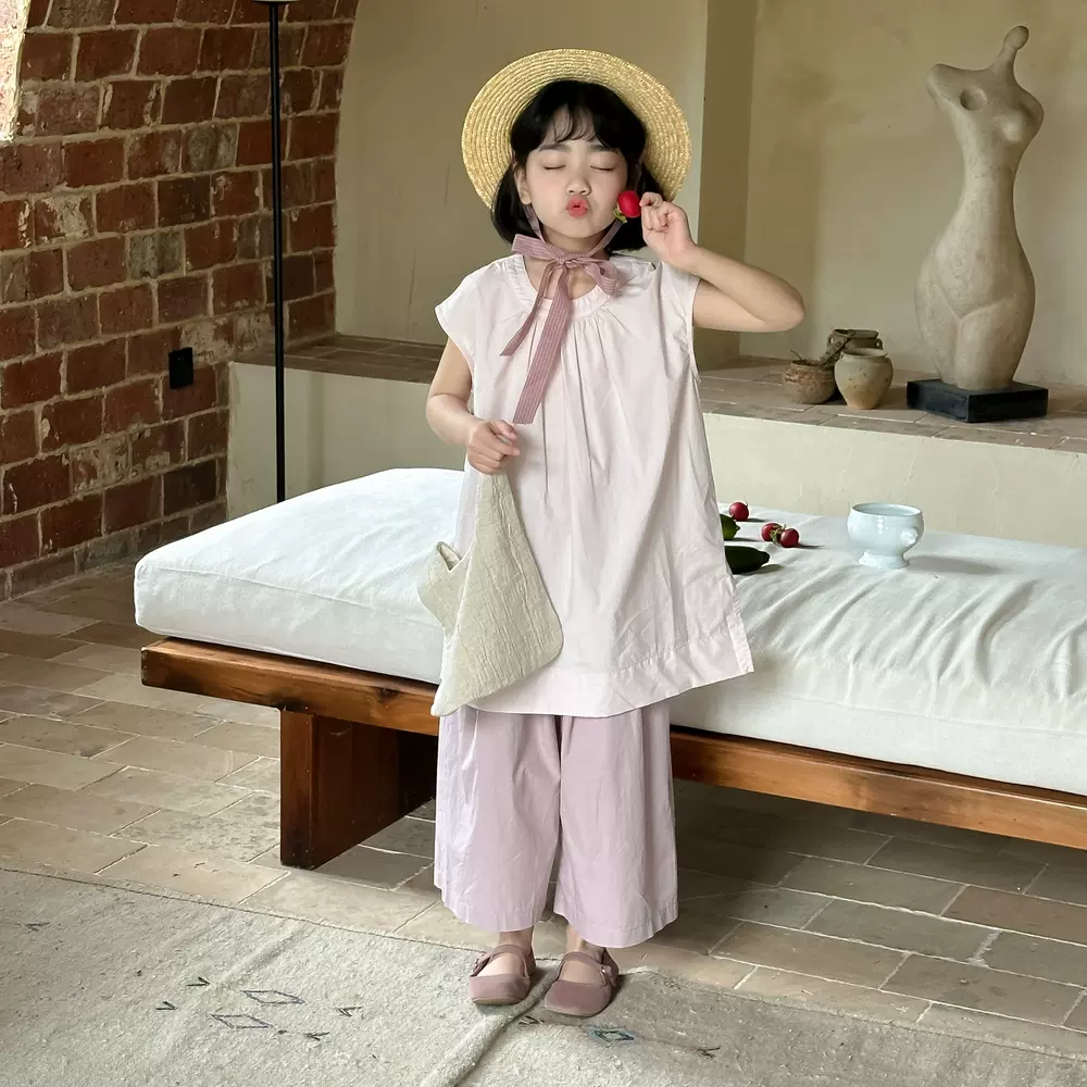 童衬衫2026夏款女童韩版开叉纯色中长款裙衫儿童休闲宽松短袖上衣