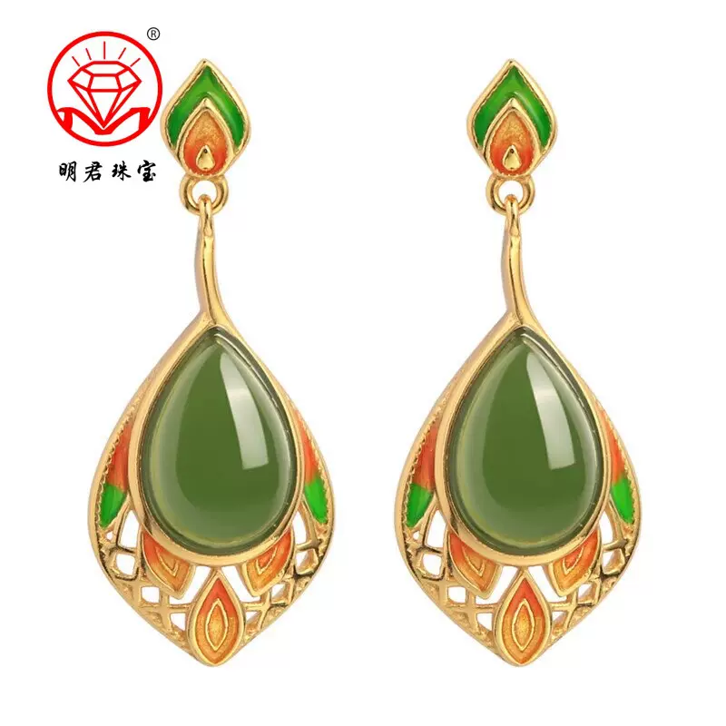 天然碧玉水滴形耳坠S925纯银镀金镶和田玉景泰蓝镂空花纹耳钉耳饰