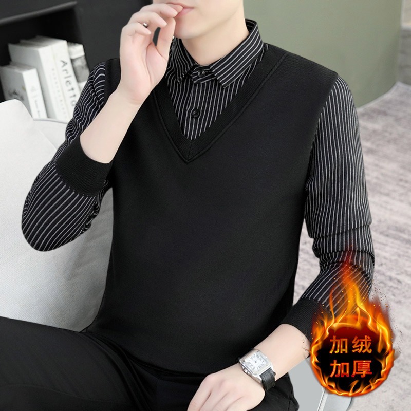 남자 스웨터 가짜 두 조각 가을 겨울 새로운 한국 스타일 LED 니트 스웨터 기모 셔츠 칼라 가을과 겨울 기모 두껍게