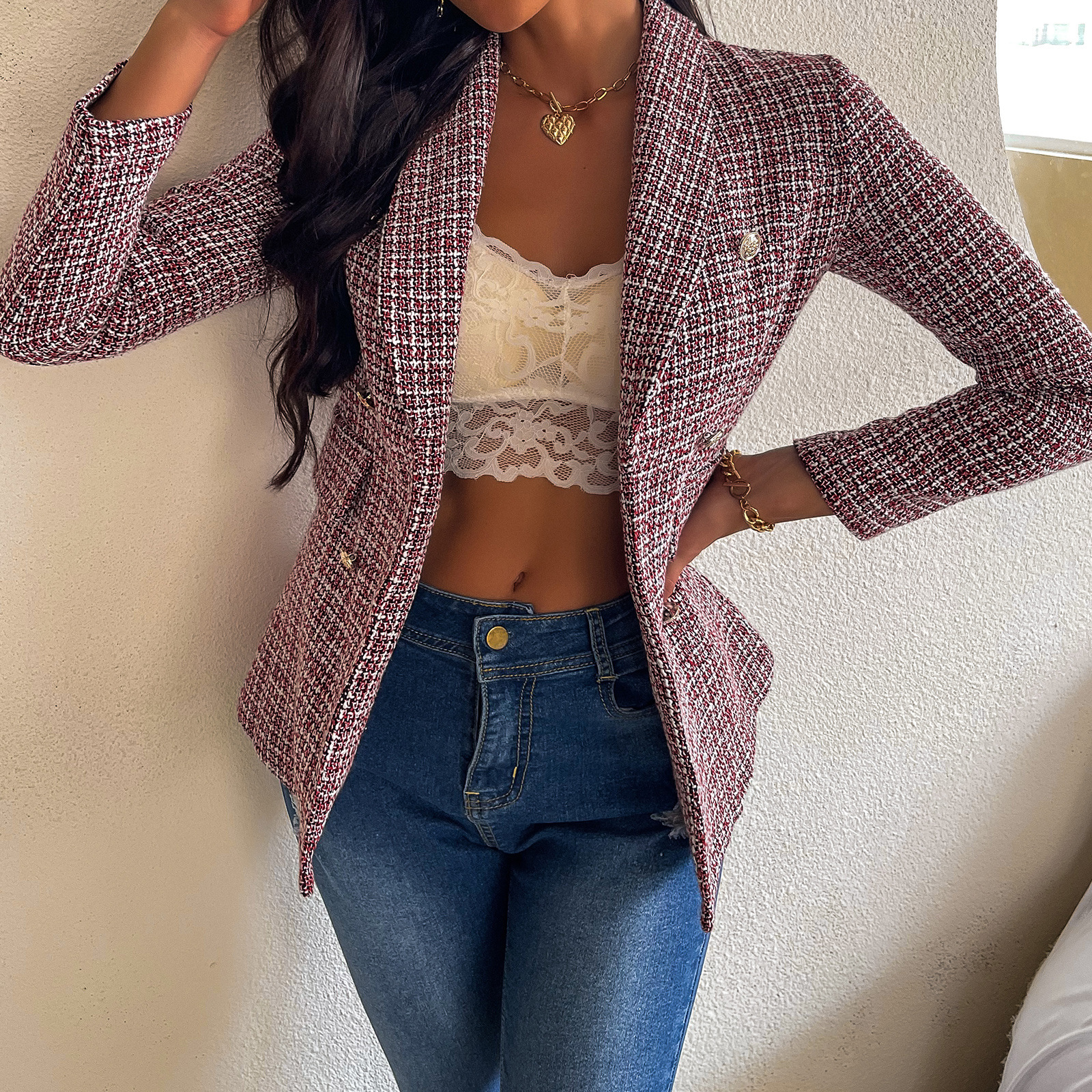 Long-Sleeved Plaid Suit Jacket NSXPF89994