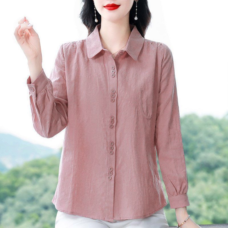 高端棉长袖衬衫女大码宽松洋气中年妈妈衬衣薄款外穿春秋上衣女|undefined