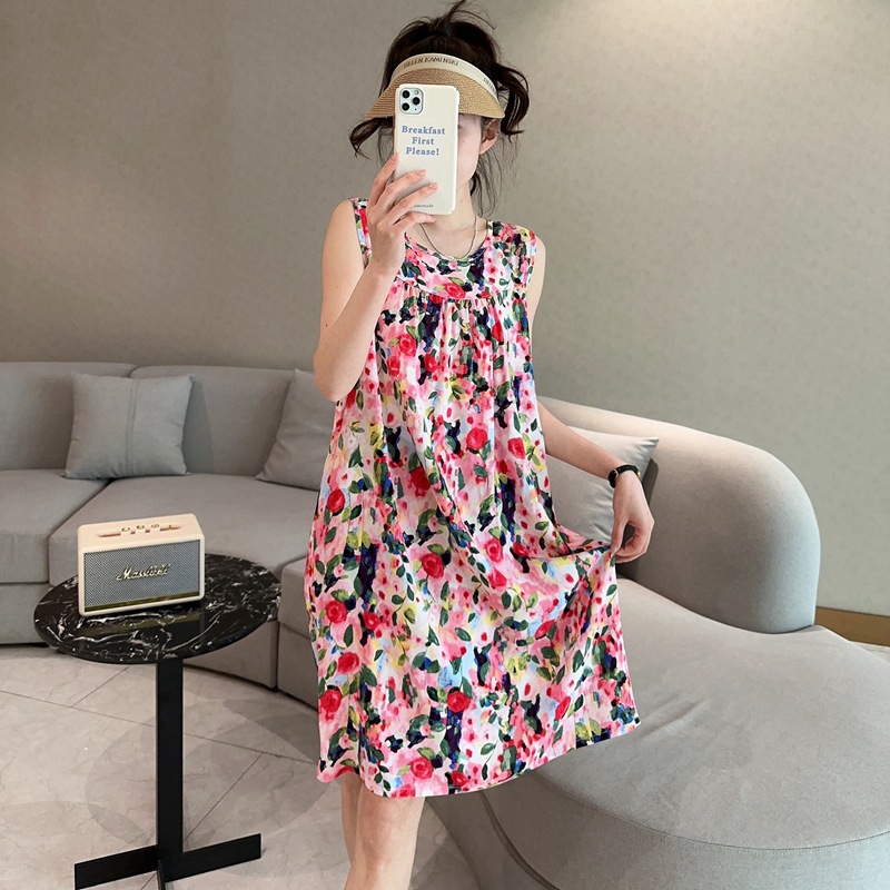 Ärmelloses Midikleid Mit Blumenmuster Aus Baumwoll-seide Damen_voghion.com