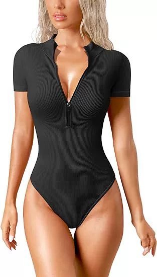 Женский боди-слип One-piece, короткий рукав, передняя молния, приталенный фактурный трикотаж