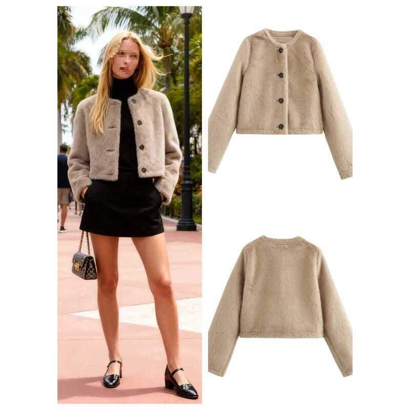 Autumn and Winter European and American Cross-Border Women's Faux Fur Effect Short Jacket Khaki Three-Quarter Rain