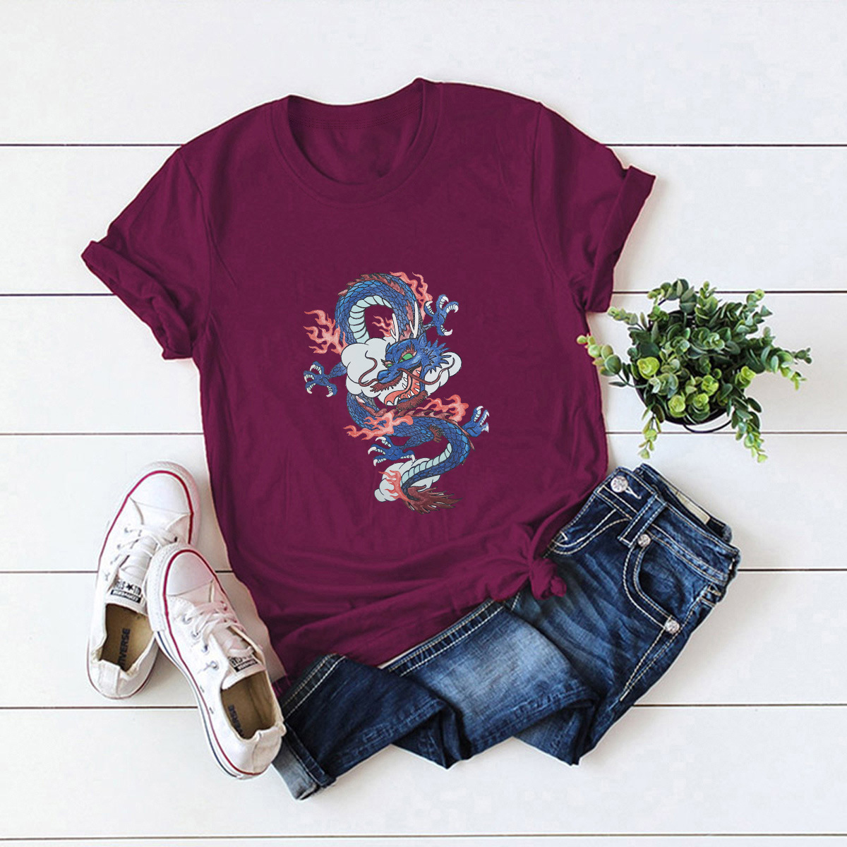 camiseta de mujer de manga corta con estampado de dragón NSSN30859