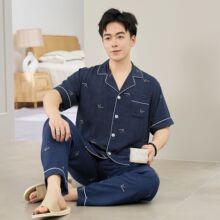 棉绸男士睡衣翻领开衫春夏季绵绸薄款宽松短袖睡衣简约舒适家居服