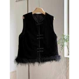 国风新中式马甲女2025新款秋冬黑色丝绒上衣复古百搭背心国风女装