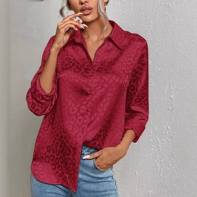 Европейская и американская женская одежда 2024 Осень Независимая станция Трансграничная Амазонка с длинными рукавами и отворотом 3D с цветочным леопардовым принтом рубашка