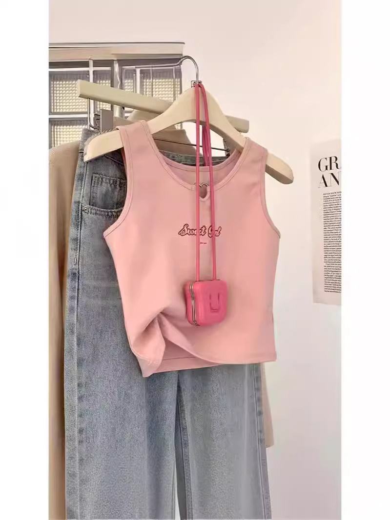 奥特莱斯~商场专柜纯棉粉色工字吊带背心女夏季无袖短款辣妹上衣