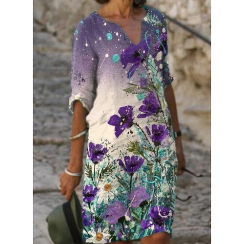  Summer New Floral Print Rendering Fashion V-Neck Short Sleeve Mid-Waist Tunic A-Line Dress for Women