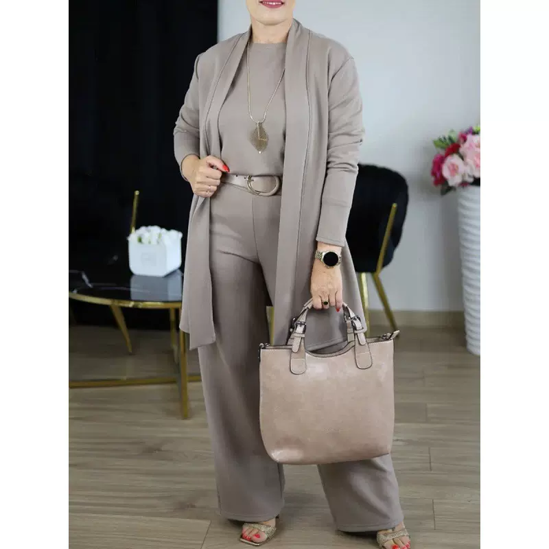 2025春秋季欧美跨境独立站时尚女装圆领短袖长裤中长款外套三件套