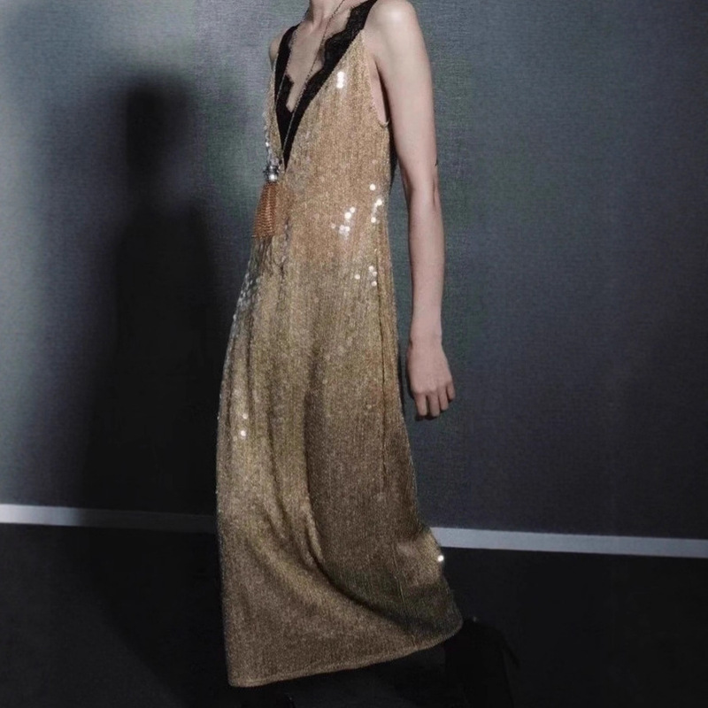 Foreign Trade European and American Style New Design Sequined Deep V Suspender Lace Splicing High-End Dress Long Skirt