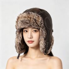 皮革雷锋帽男冬季加厚毛绒飞行帽子女东北户外防风机车护耳帽跨境