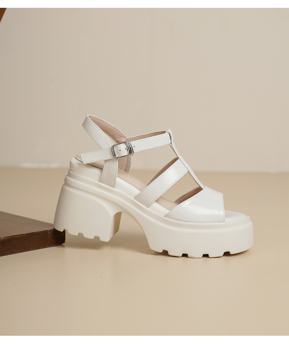 Sandal nữ hở mũi đế dày cao gót da thật quai chữ T kiểu La Mã dệt kim — Màu đen chi tiết 12