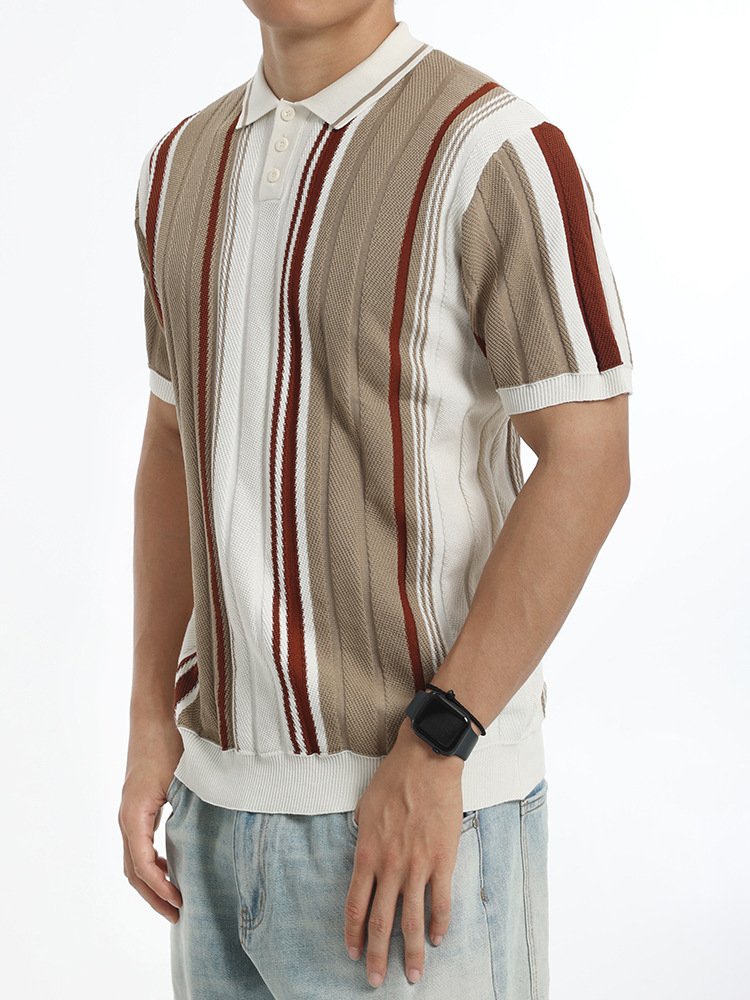 Hombres color contrastante rayas hielo jersey polo semia cremallera solapa manga corta negocios casual alta sensación chaqueta hombre