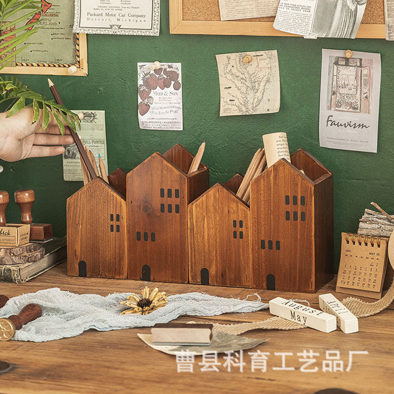 日式复古木制笔筒桌面创意摆件实木笔筒化妆刷桶办公室桌面收纳盒|undefined