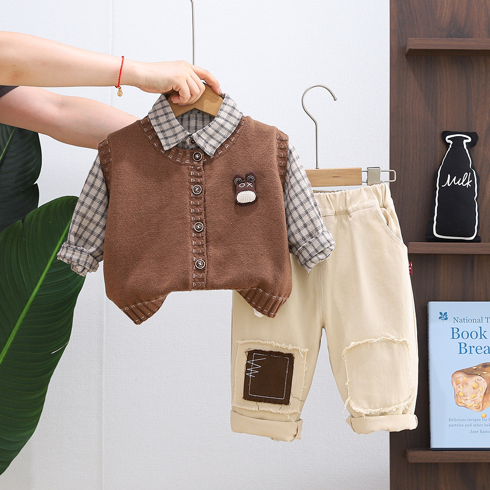 Bos' Spring And Autumn 2025 New Fashionable Children's Stlish Bab 3D Bear Head Cardigan Sweater Three-Piece Set_voghion.com