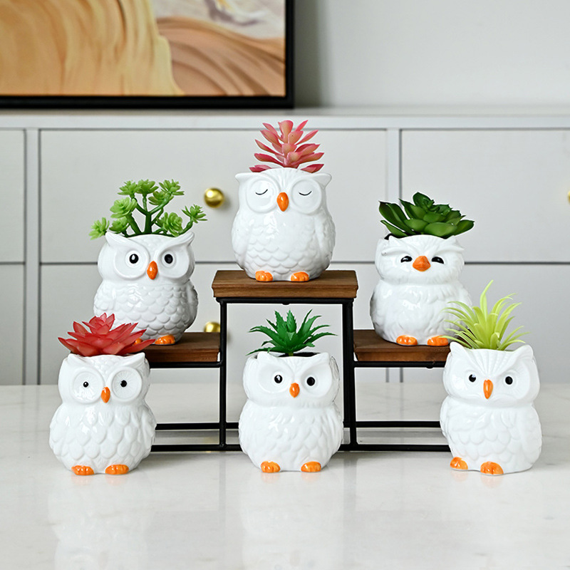 外贸跨境卡通动物花盆 创意家居园艺 简彩猫头鹰多肉陶瓷花盆盆栽
