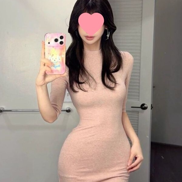 Pink Half-High Collar Ribbed Mid-Sleeve Dress for Women, Spring and Summer, Pure and Alluring, Elegant and Slim-Fitting, Bodycon Dress