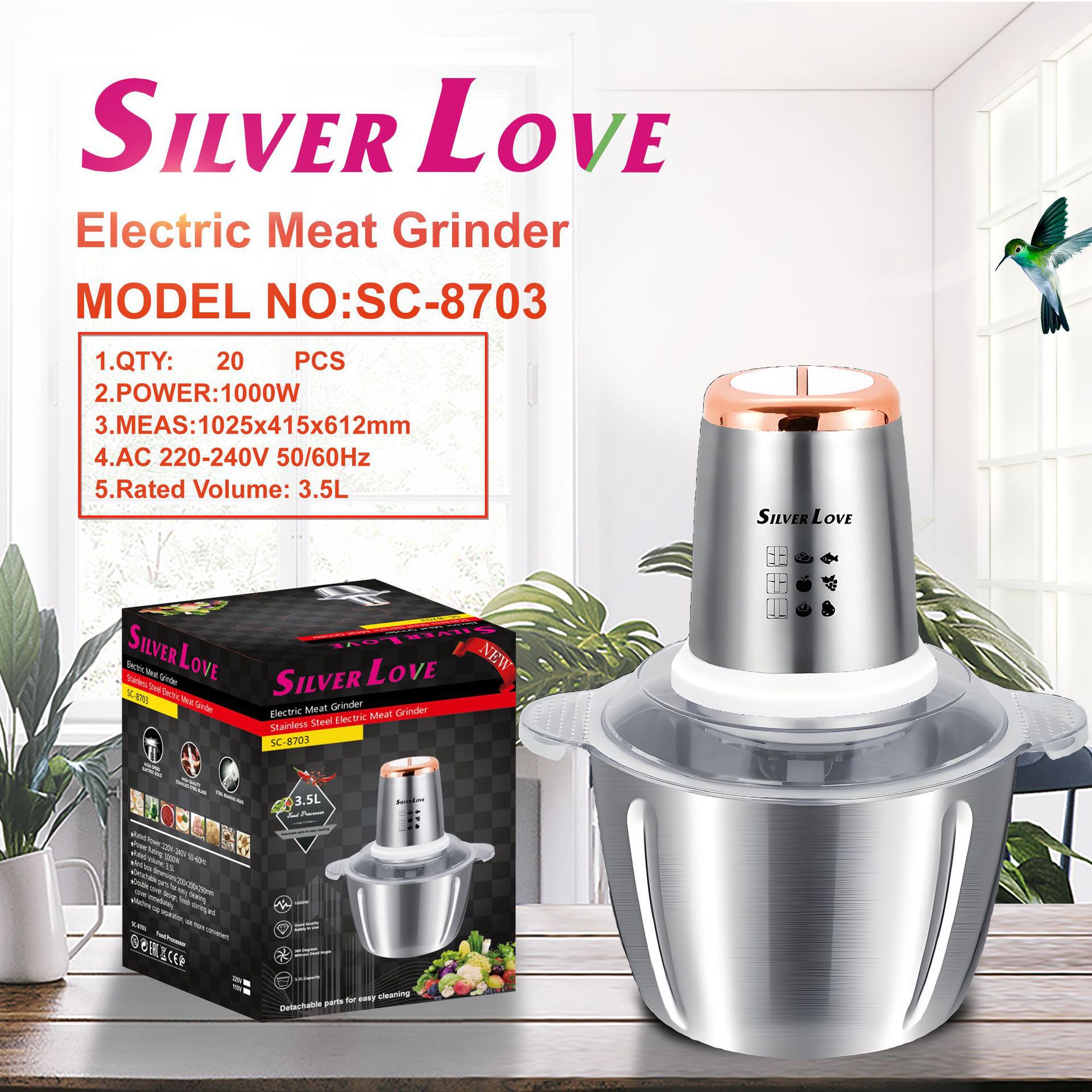 Exportación de comercio exterior, molinillo de carne estándar europeo, cocinador eléctrico de acero inoxidable doméstico, molinillo de carne de cocina multifuncional 3.5L
