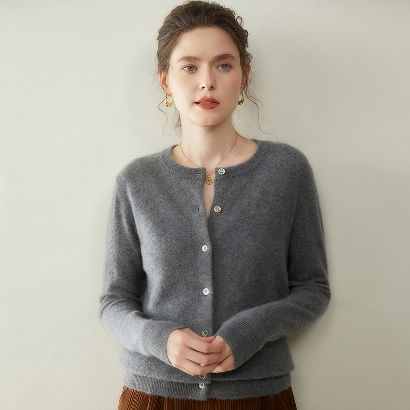 Round Neck Pure Color Cashmere Cardigan for Women, Loose, Fashionable, Simple and Versatile Knitted Top, Autumn and Winter Warm Sweater Jacket