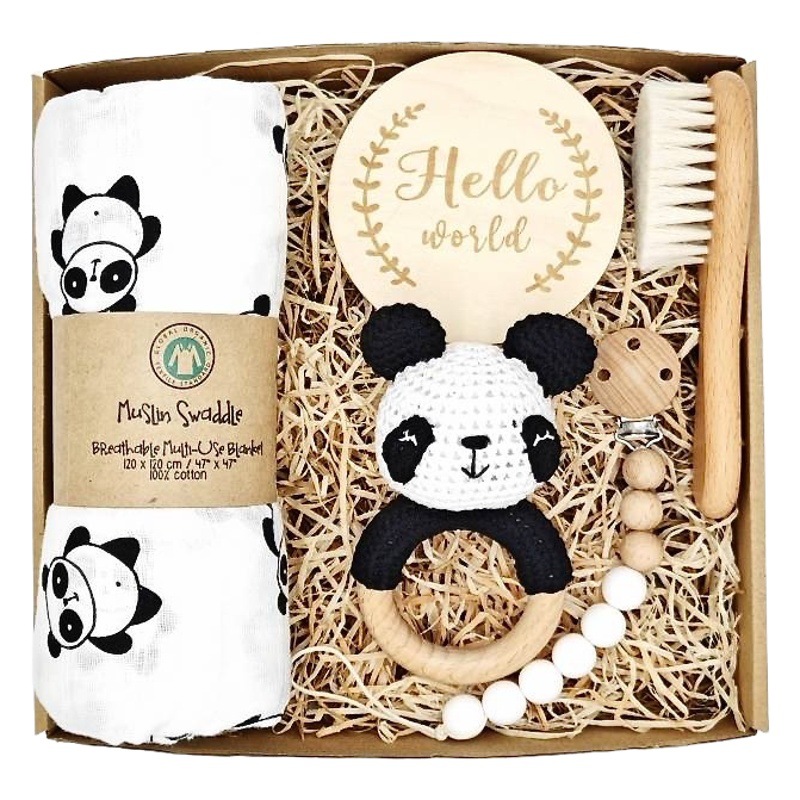 Nombre grabado de Etsy, estilo explosivo transfronterizo, juego de campana de madera de ganchillo para bebé, caja de regalo para recién nacido, manta de cadena de chupete