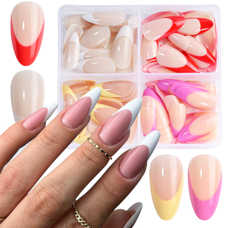 Cross-Border 96-Piece Almond French Wearable Nails Mid-Length 4-Color Nail Art Stickers Extended Fake Nail Patches Nail Art Pieces Cross-Border 96-Piece Almond French Wearable Nails Mid-Length 4-Color Nail Art Stickers Extended Fake Nail Patches Nail Art Pieces