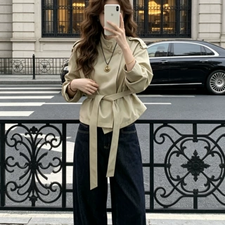 花花慢调巴黎~韩系秋季短款卡其色风衣外套女小个子薄款上衣其他