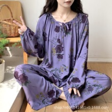 新款国风棉绸睡衣女夏季宽松长袖空调服春秋人造棉甜美家居服套装