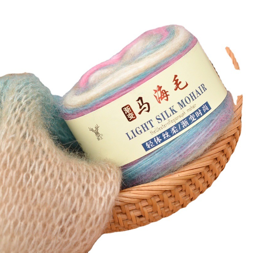 Sección de gradiente teñido pastel de mohair hilo lana tejida a mano media larga sección teñida bricolaje tejido suéter abrigo bufanda