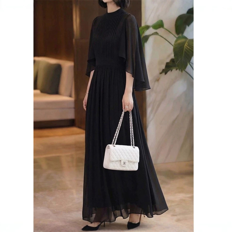 Luxurious Women's Cape Dress with Large Bell Sleeves, Half-High Collar, White Long Skirt, Chiffon Maxi Skirt, and Wide Hem Skirt Luxurious Women's Cape Dress with Large Bell Sleeves, Half-High Collar, White Long Skirt, Chiffon Maxi Skirt, and Wide Hem Skirt