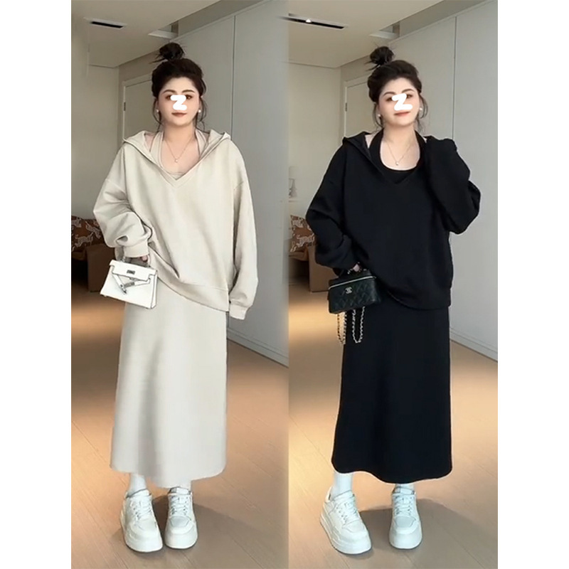 设计感挂脖刺绣真两件运动大码连帽卫衣辣妹连衣裙|undefined