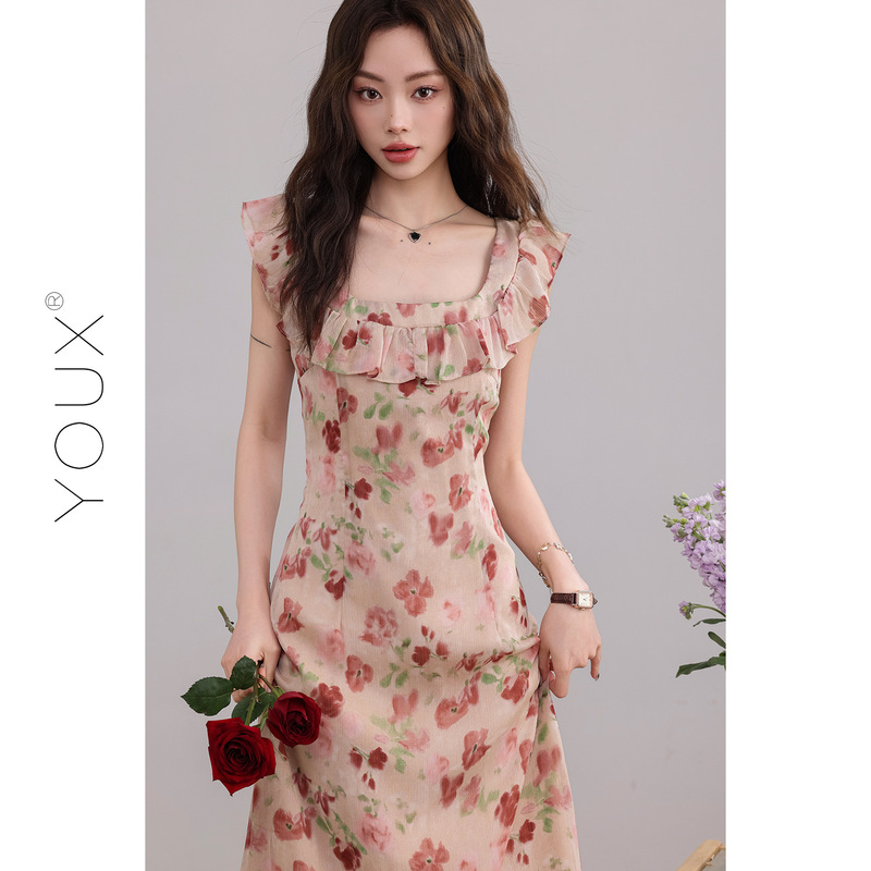 又巷【花季应约】碎花连衣裙女2025夏季新款气质小飞袖方领a字裙|undefined