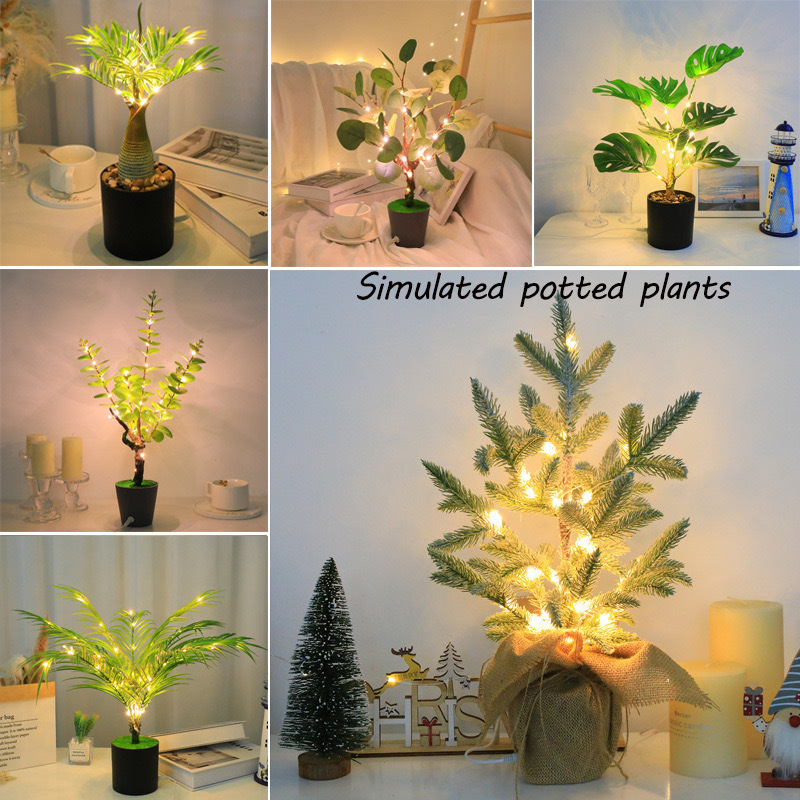 Cross-Border Artificial Plant Led Bonsai Lamp USB Model Small Pine Tree Indoor Decorative Lamp Eye-Protection Desk Lamp Modern Minimalist