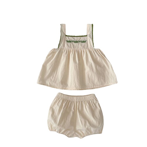 Summer 2024 0-3 Years Old Girls' Solid Color Tank Top and Shorts Set Korean Style Baby Girl Embroidered Top and Bottom Two-Piece Set